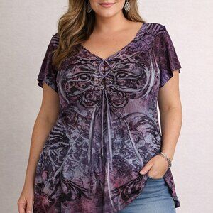 Unity Womens Top Size 2XL Purple Blue Damask Print Short Sleeve Blouse